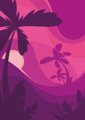 Fototapeta na wymiar Poster template with palm trees at sunset. Summer concept in flat design.
