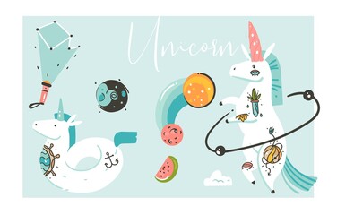 Hand drawn vector abstract graphic creative artistic cartoon illustrations collection set with unicorns with old school tattoo,galaxy planets and swimming pool ring buoy isolated on white background