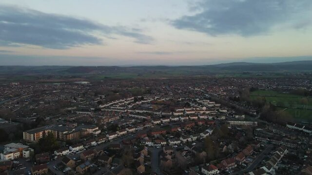 4K aerial view of taunton Somerset, United Kingdom, drone moving forward and showing the blue sky with some clouds. 60fps