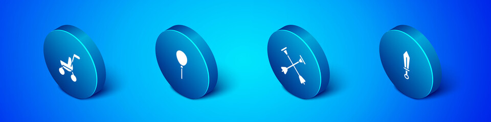Set Isometric Baby stroller, Arrow with sucker tip, Sword toy and Balloons ribbon icon. Vector.