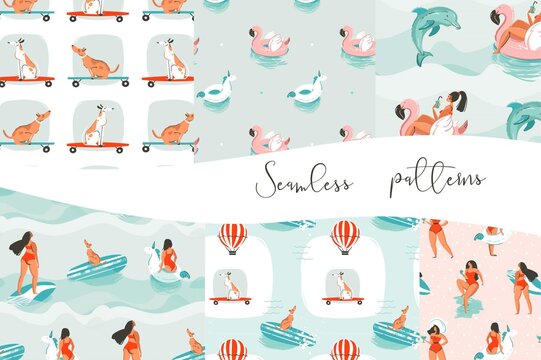 Hand drawn vector abstract cartoon graphic summer time illustrations pattern collection set with surfer girls,dogs on skateboards,pink flamingo and unicorn buoy rings isolated on blue waves