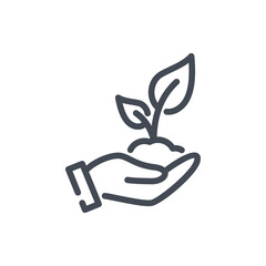 Obraz premium Plant in hand line icon. Hand holding plant with leaves vector outline sign.