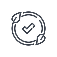 Eco label with leaves and checkmark line icon. Eco acceptance vector outline sign.