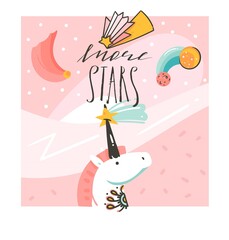 Hand drawn vector abstract graphic creative cartoon illustrations poster with unicorn with old school tattooes,falling stars and handwritten calligraphy More stars isolated on white background