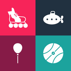 Set pop art Basketball ball, Balloons with ribbon, Submarine toy and Roller skate icon. Vector.