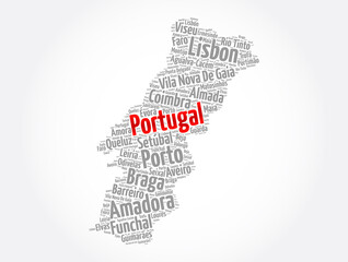 Fototapeta na wymiar List of cities and towns in Portugal, map word cloud collage, business and travel concept background
