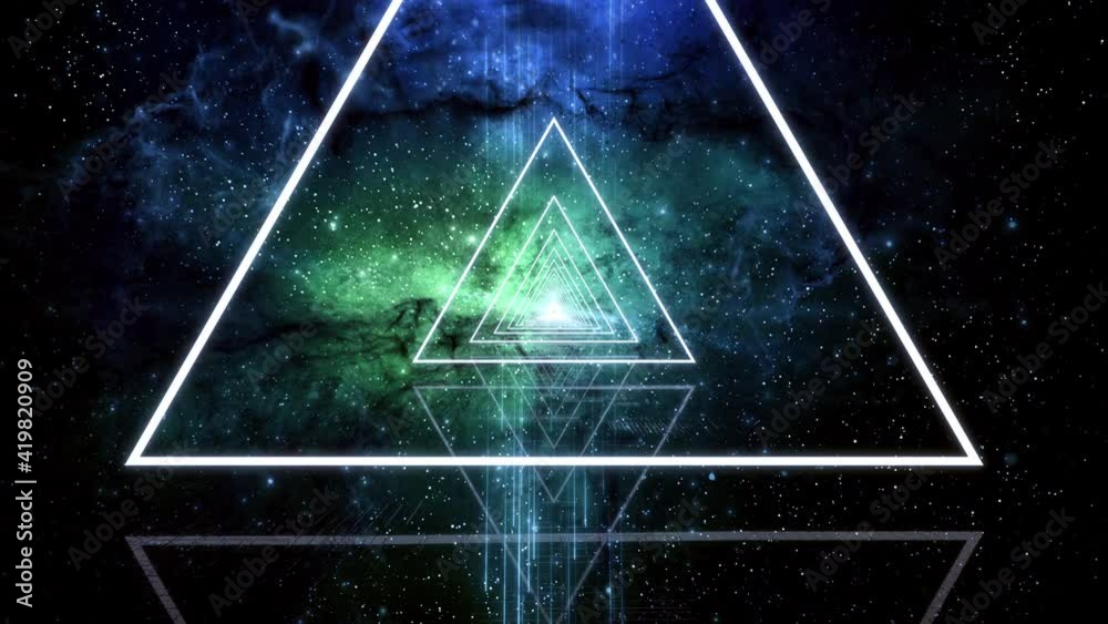 Wall mural abstract triangle neon glow with nebula background loop. futuristic vj motion graphics, club concert