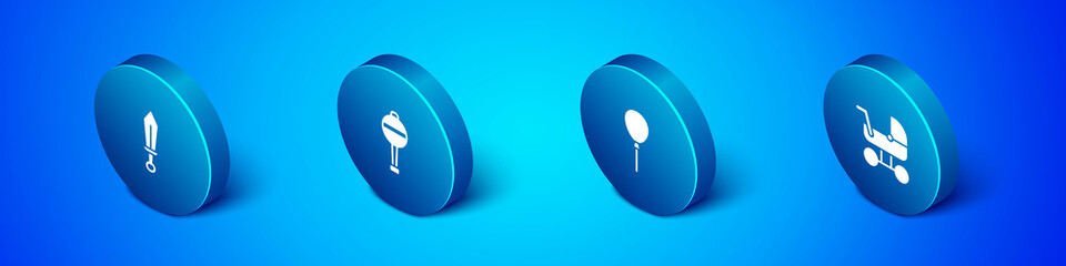 Set Isometric Sword toy, Balloons with ribbon, Baby stroller and Rattle baby icon. Vector.