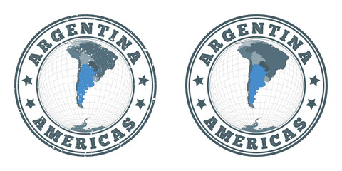 Fototapeta premium Argentina round logos. Circular badges of country with map of Argentina in world context. Plain and textured country stamps. Vector illustration.