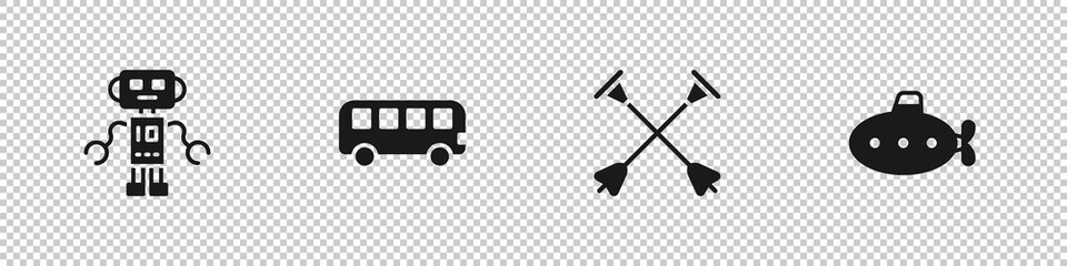 Set Robot toy, Bus, Arrow with sucker tip and Submarine icon. Vector.