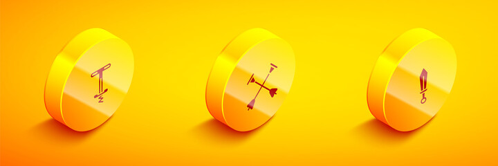 Set Isometric Pogo stick jumping toy, Arrow with sucker tip and Sword icon. Vector.