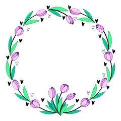 Vector round frame, wreath from pink tulips and hearts. Spring flowers. Hand drawn doodle isolated. Background, border, decoration for greeting card, invitation, Valentine's, Women's or Mother day