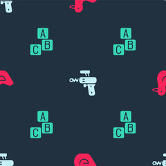 Set Rubber duck, Ray gun and ABC blocks on seamless pattern. Vector.