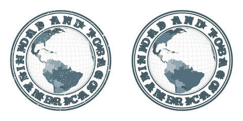 Obraz premium Trinidad and Tobago round logos. Circular badges of the country with a map of Trinidad and Tobago in a world context. Plain and textured country stamps. Vector illustration.