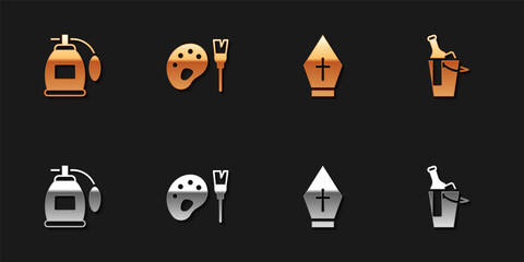 Set Perfume, Paint brush with palette, Pope hat and Bottle of wine bucket icon. Vector.