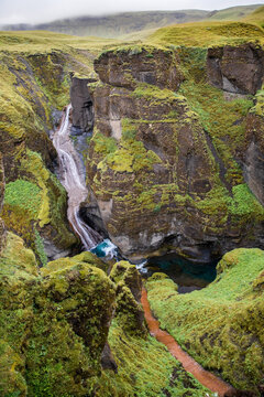Fja&eth;r&aacute;rglj&uacute;fur, Canyon Fardrargljufur Island Iceland during rainy and wet day canyon