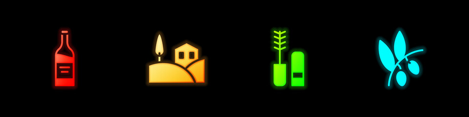 Set Bottle of wine, Village landscape, Mascara brush and Olives branch icon. Vector.
