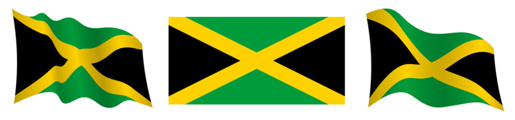 flag of Jamaica in static position and in motion, fluttering in wind in exact colors and sizes, on white background