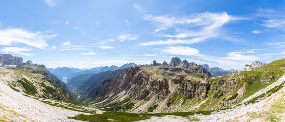 Fototapeta na wymiar Super panorama of the valley and National Park Tre Cime di Lavaredo. Italian Dolomites, Italy