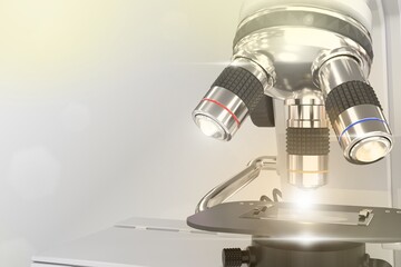 cell analyzing concept, object 3D illustration of lab modern scientific microscope with flare on gradient background