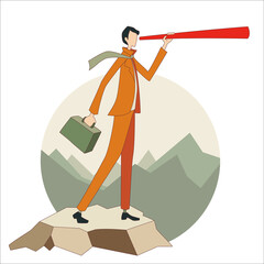 Businessman with telescope looking forward - vision, future strategy, mission concept