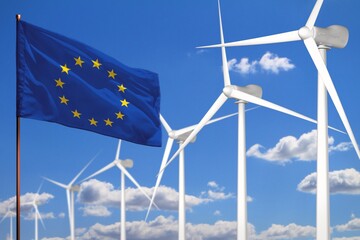 European Union alternative energy, wind energy industrial concept with windmills and flag industrial illustration - renewable alternative energy, 3D illustration