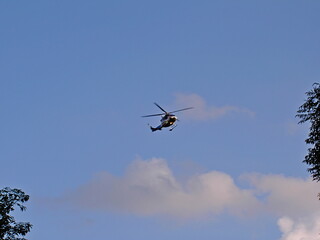 Police helicopter flying in the blue sky during the day, tree branches on the edges, front view