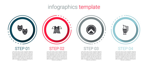 Set Comedy and tragedy masks, Body armor, Greek shield and Ancient amphorae. Business infographic template. Vector.