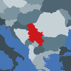 Obraz premium Shape of Serbia in context of neighbor countries. Country highlighted with red color on world map. Serbia map template. Vector illustration.