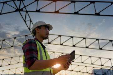 Naklejka na ściany i meble Engineering Consulting People on construction site holding tablet in his hand. Management in business workflow and Building inspector with BIM technology in construction project while sunset.