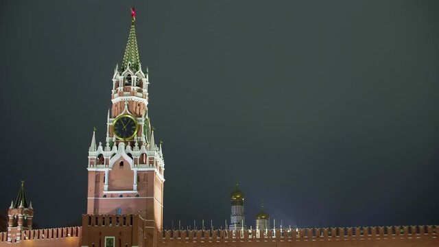 Clock Tower Of Kremlin With Black Night Skies At Background. New Year Night In The Cintre Of The City.