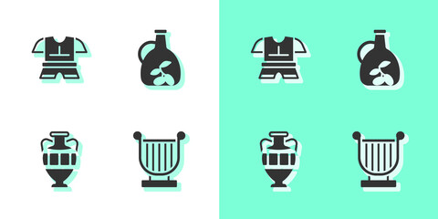 Set Ancient lyre, Body armor, amphorae and Bottle of olive oil icon. Vector.