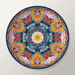 Bright decorative plate with mandala ornament. Moroccan motifs. Vector illustration