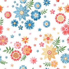 Fototapeta na wymiar Embroidery seamless pattern with beautiful pink, yellow and blue flowers on white background. Print for fabric with folk motifs.