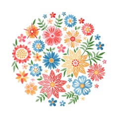 Embroidery flowers. Round composition with colorful floral pattern on white background. Vector design.