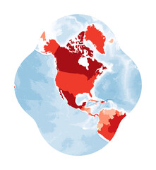 World Map. Modified stereographic projection for the conterminous United States. World in red colors with blue ocean. Vector illustration.