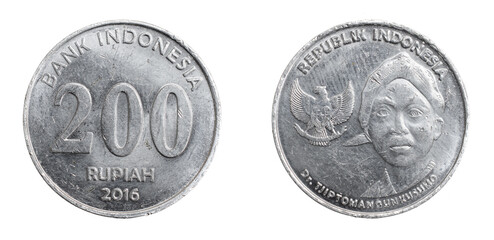 Indonesia two hundred rupiah coin on a white isolated background