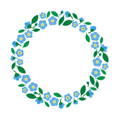 Wreath of Flower with forget-me-not (Myosotis arvensis). Simple cute floral illustration whit Little blue flowers and leafs.