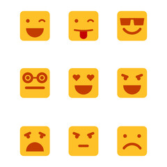 Vector illustrations set of square-shaped yellow emoji on white background. Emoticons/ smileys.