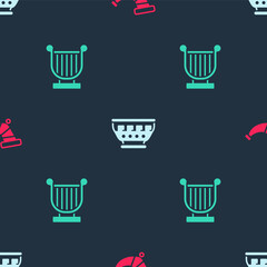 Set Hunting horn, Greek ancient bowl and Ancient lyre on seamless pattern. Vector.