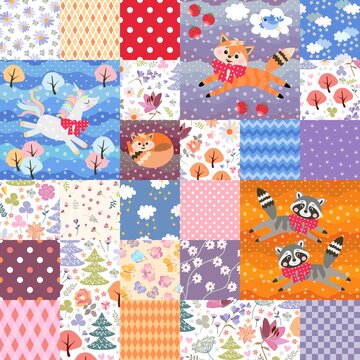 Cute patchwork pattern with unicorn, foxes, raccoons, flowers and decorative ornaments. Beautiful design for children. Print for fabric, textile, wallpaper.