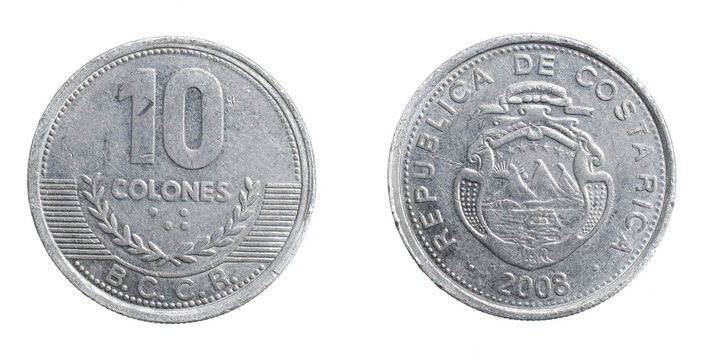 Costa Rica ten colones coin on a white isolated background