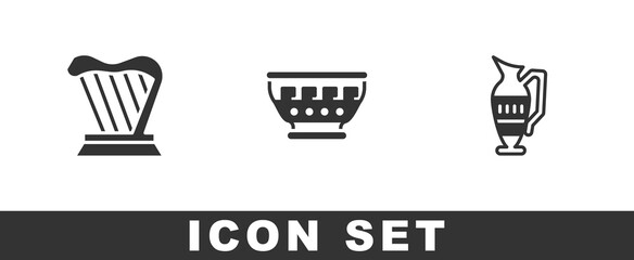 Set Harp, Greek ancient bowl and Ancient amphorae icon. Vector.