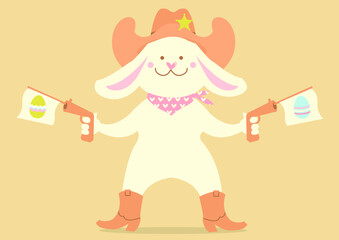 Cowboy easter rabbit and easter eggs. Cute bunny in cowboy hat and western boots hold guns. Vector tender color illustration for greeting card background