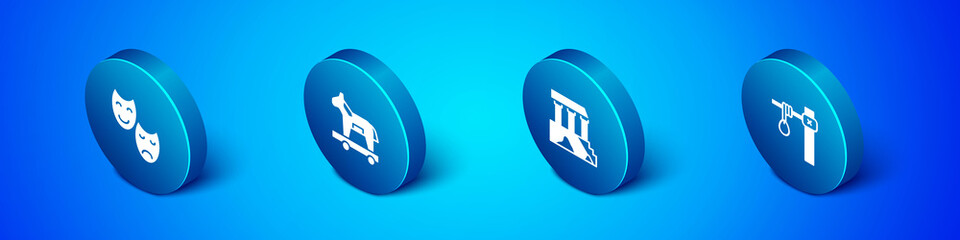 Set Isometric Comedy and tragedy masks, Parthenon, Gallows and Trojan horse icon. Vector.