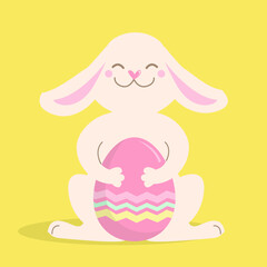 Easter rabbit and easter egg. Cute bunny hold easter egg. Vector tender color illustration for greeting card background
