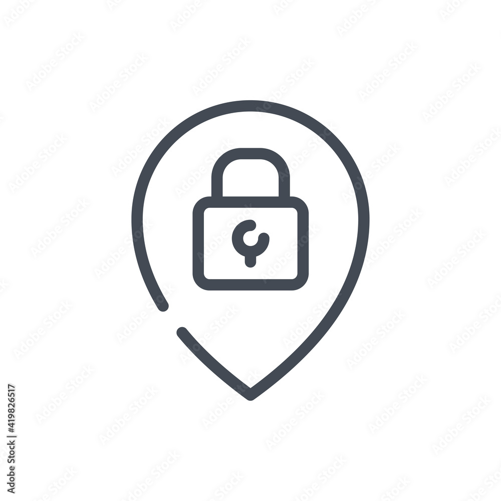 Poster safe place and closed establishment line icon. location pointer with lock vector outline sign.