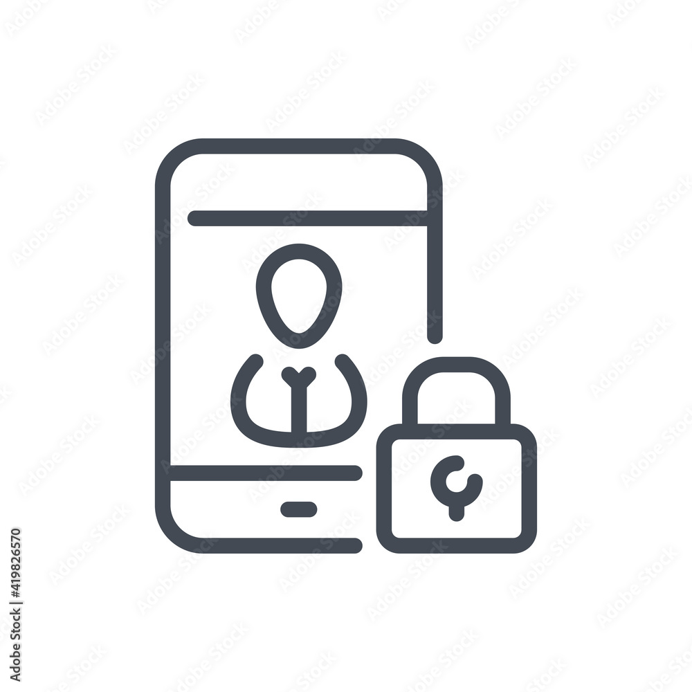Poster internet security and mobile phone access line icon. mobile phone with lock vector outline sign.
