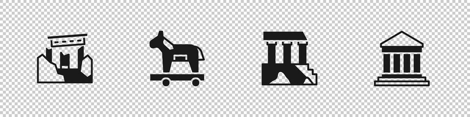 Set Ancient ruins, Trojan horse, Parthenon and icon. Vector.