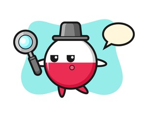 Poland flag badge cartoon character searching with a magnifying glass